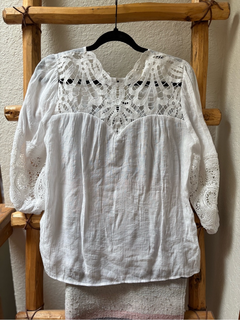 Indigo Rose Women's White Lace Yoke Peasant Top